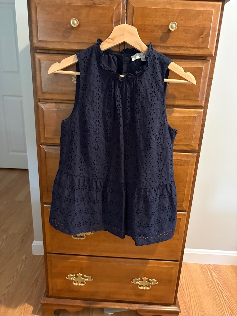LOFT Navy Eyelet Ruffle Sleeveless Top